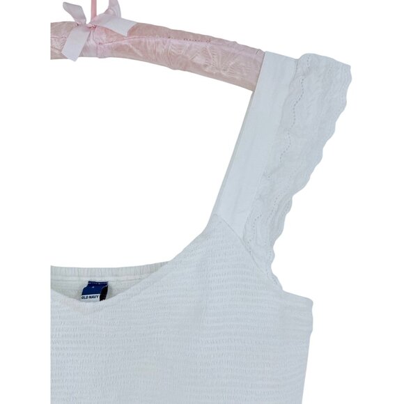 Old Navy White Ruffled Smocked Cottagcore Croquette Sleeveless Cotton Blend Top - Picture 3 of 13